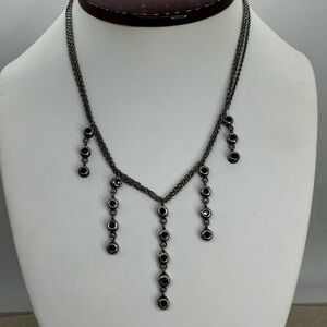 VVtg 925 Sterling Silver Black CZ Bezel Drop Double Chain Layered Statement Neck